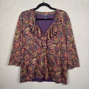Chaps Top‎ Womens 3X Purple Gold Paisley Ruffle Mature Modest Romantic Colorful
